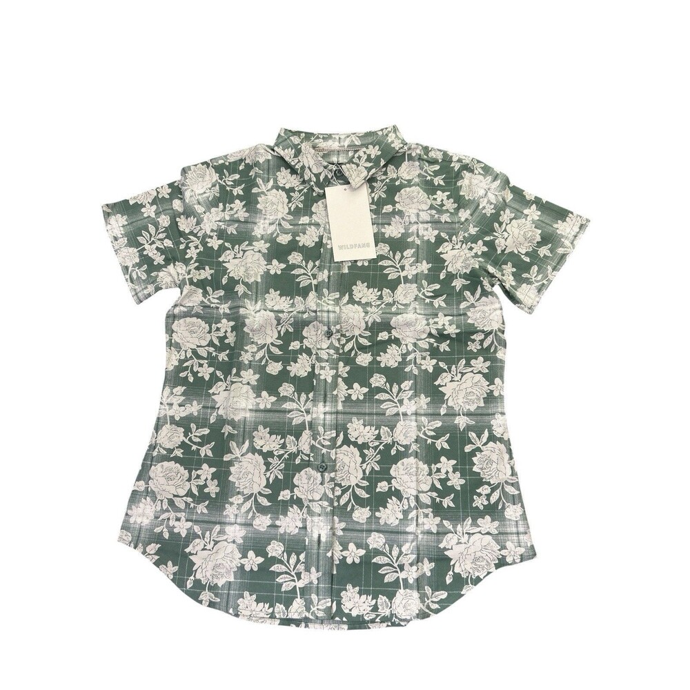 Wildfang Essential Button Up Shirt Womens Small Green Floral Plaid Cotton NWT